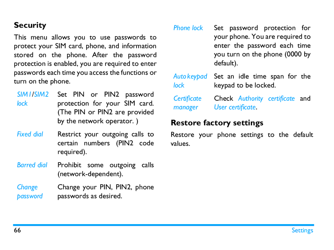 Philips CTX503WHT/00 manual Security, Restore factory settings 