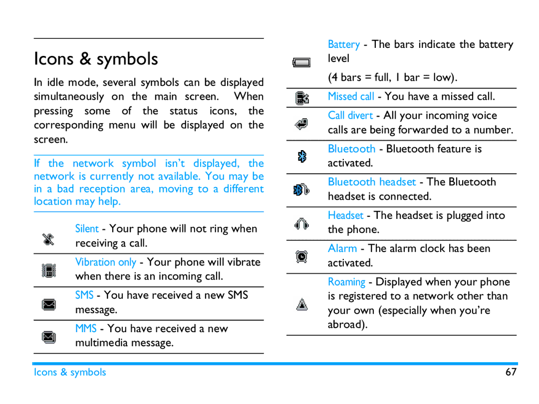 Philips CTX503WHT/00 manual Icons & symbols, Silent Your phone will not ring when receiving a call 