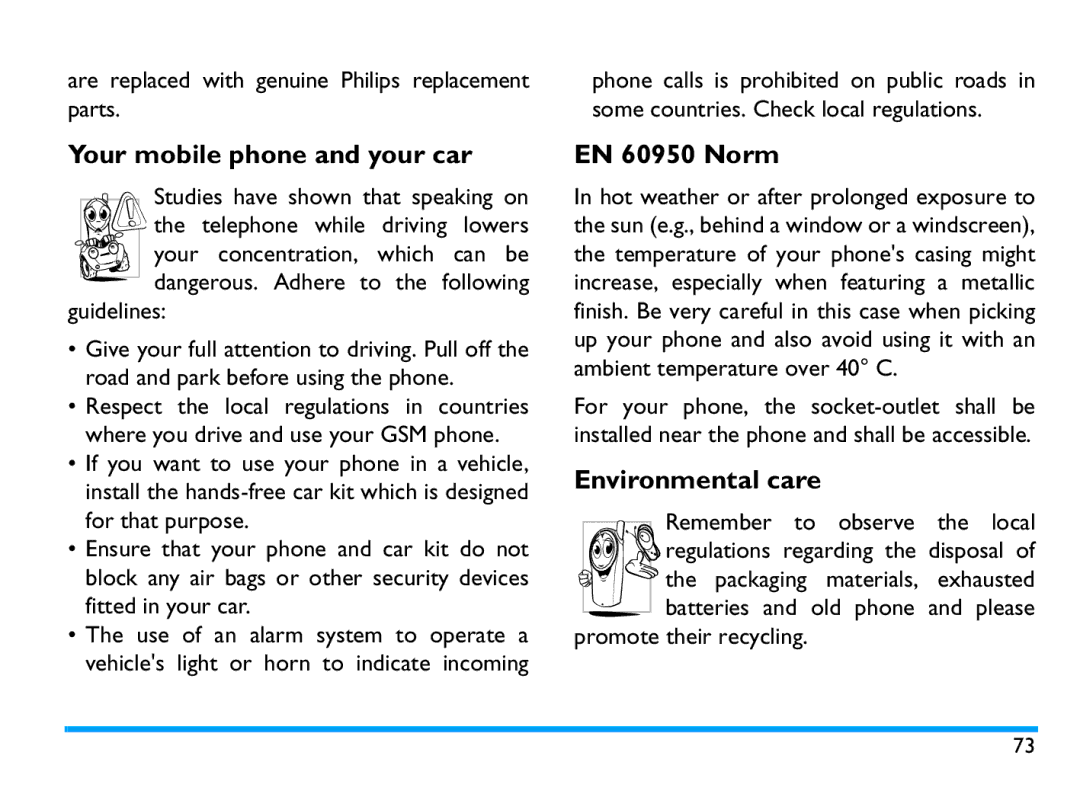 Philips CTX503WHT/00 manual Your mobile phone and your car, EN 60950 Norm, Environmental care 