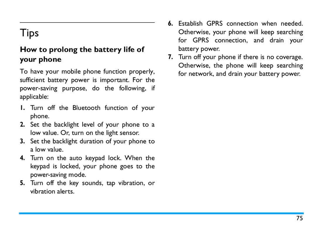 Philips CTX503WHT/00 manual Tips, How to prolong the battery life of your phone 