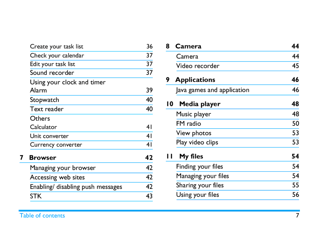 Philips CTX503WHT/00 manual Browser, Camera, Applications, Media player, My files 