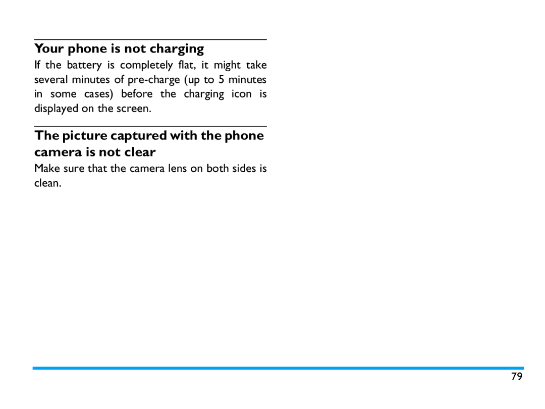 Philips CTX503WHT/00 manual Your phone is not charging, Picture captured with the phone camera is not clear 