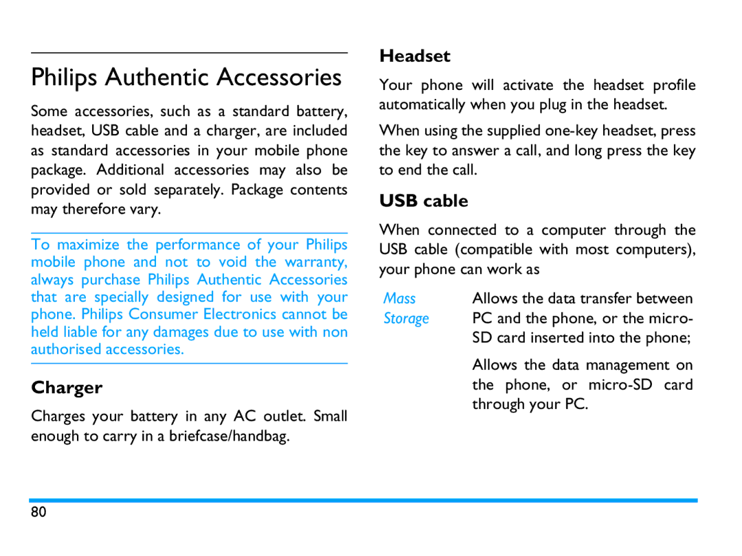 Philips CTX503WHT/00 manual Philips Authentic Accessories, Charger, Headset, USB cable, Mass 