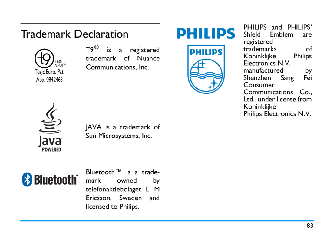 Philips CTX503WHT/00 manual Trademark Declaration, Trademarks Koninklijke Philips Electronics N.V 