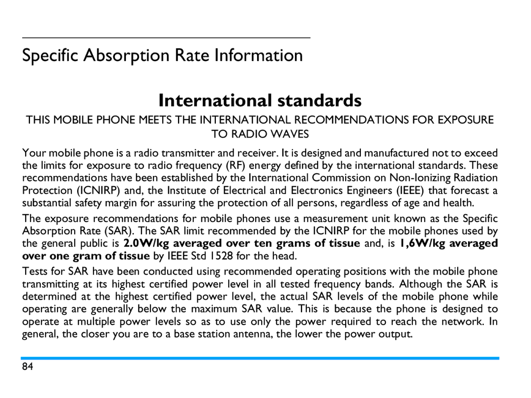 Philips CTX503WHT/00 manual Specific Absorption Rate Information, International standards 