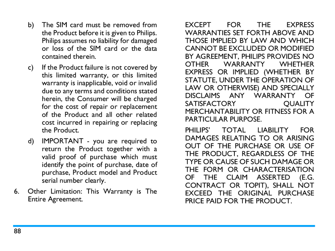 Philips CTX503WHT/00 manual Other Limitation This Warranty is The Entire Agreement 