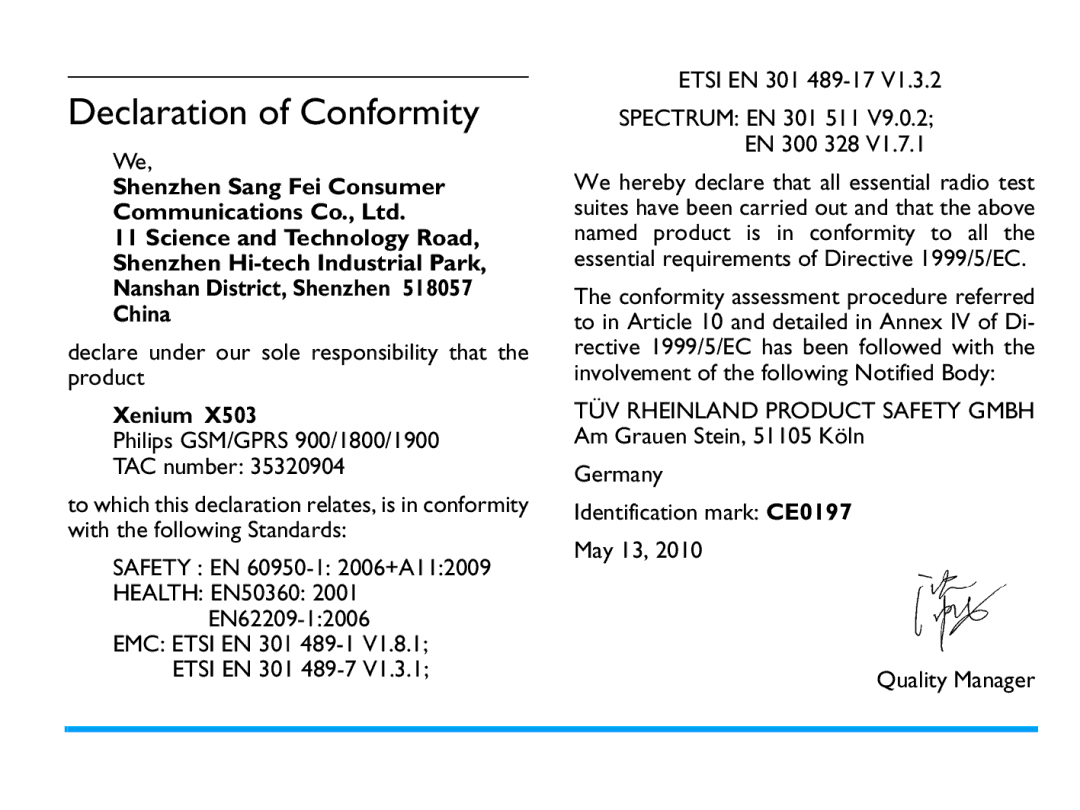 Philips CTX503WHT/00 manual Declaration of Conformity, Declare under our sole responsibility that the product, Xenium 