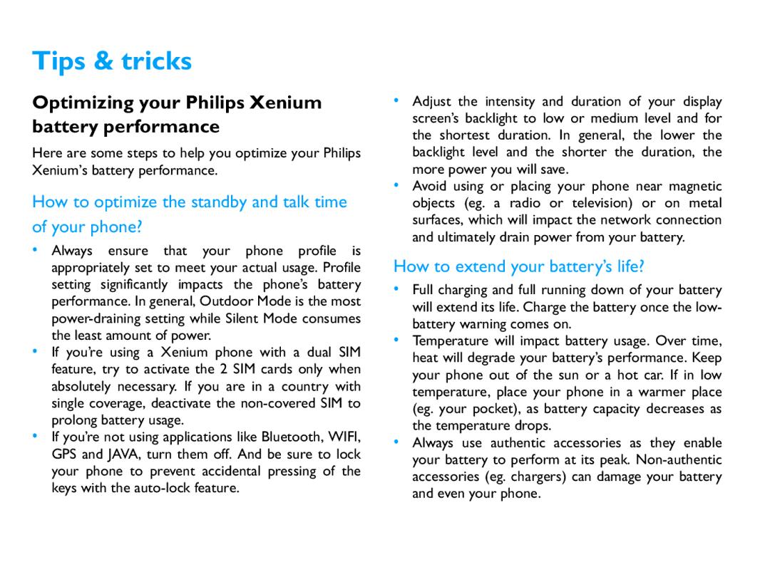 Philips CTX503WHT/00 manual Tips & tricks, Optimizing your Philips Xenium battery performance 