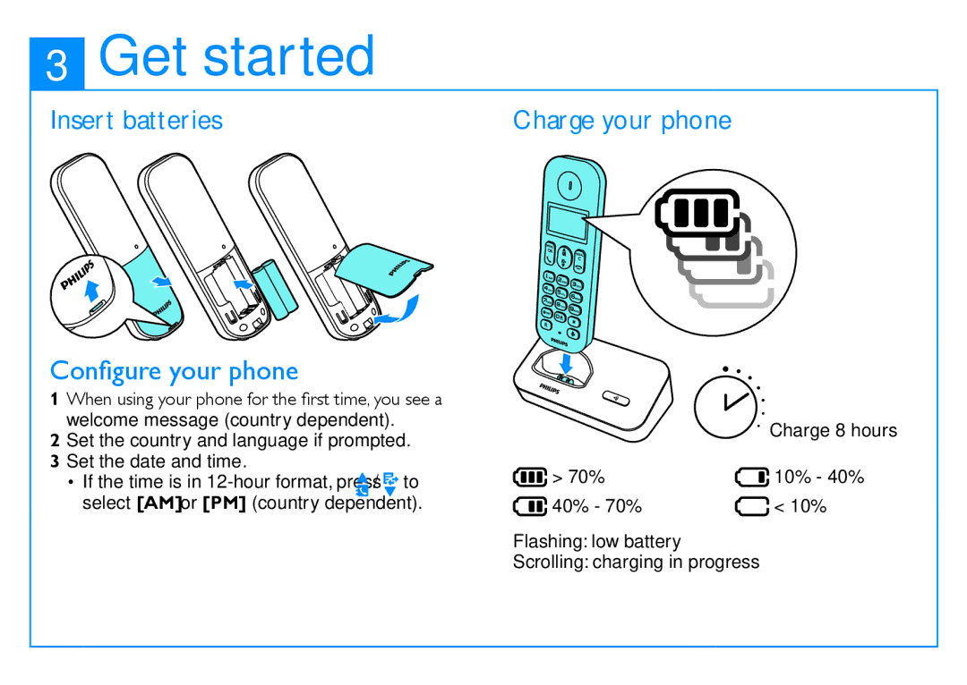 Philips D150 user manual Get started, Insert batteries Configure your phone 