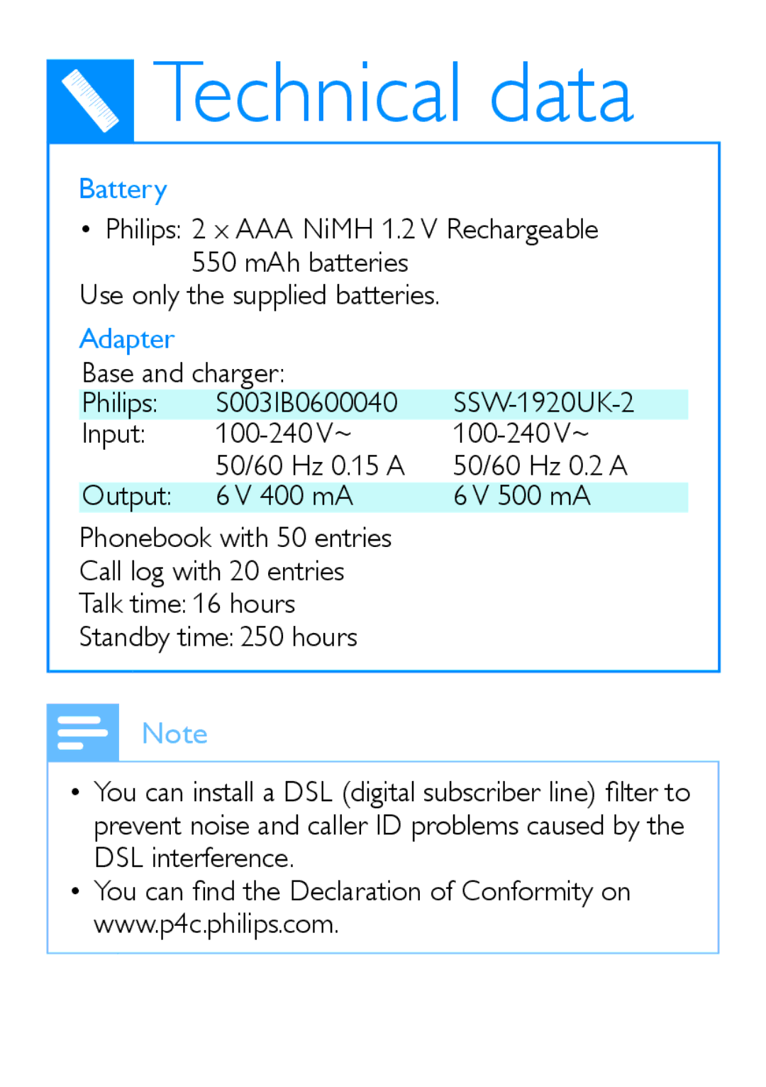 Philips D150 user manual Technical data, Battery, Adapter 