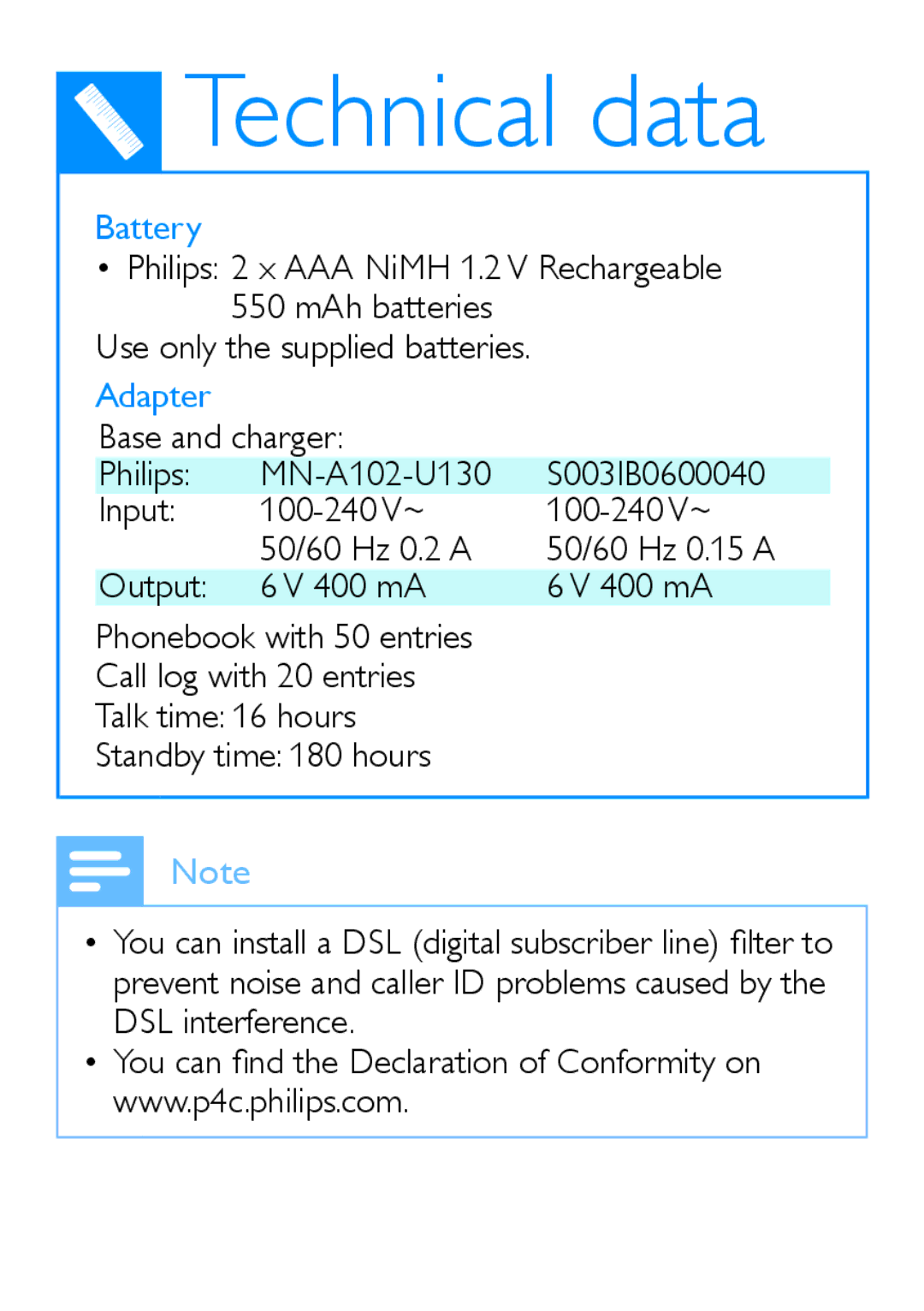 Philips D200, D205 user manual Technical data, Battery, Adapter 