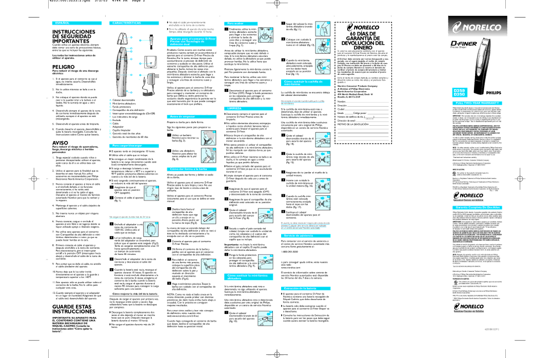 Philips D359, D350 Instrucciones DE Seguridad Importantes, Peligro, 60 Días DE Garantía DE Devolución DEL Dinero, Aviso 