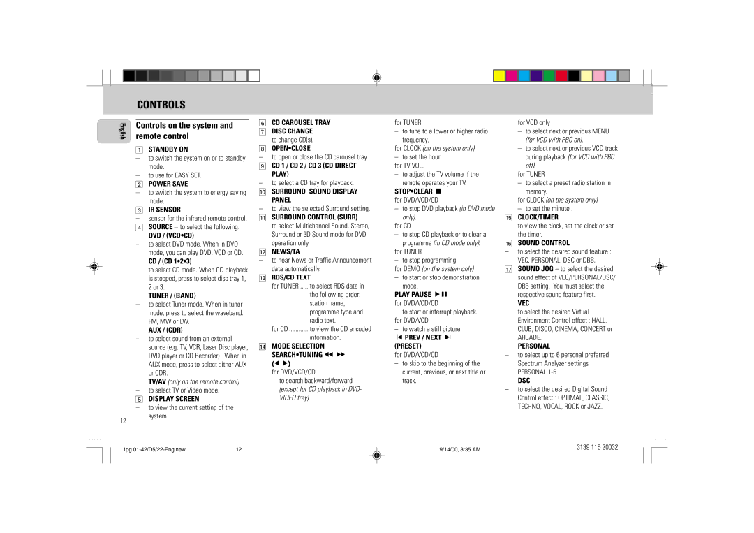 Philips D5 manual Controls on the system and remote control 