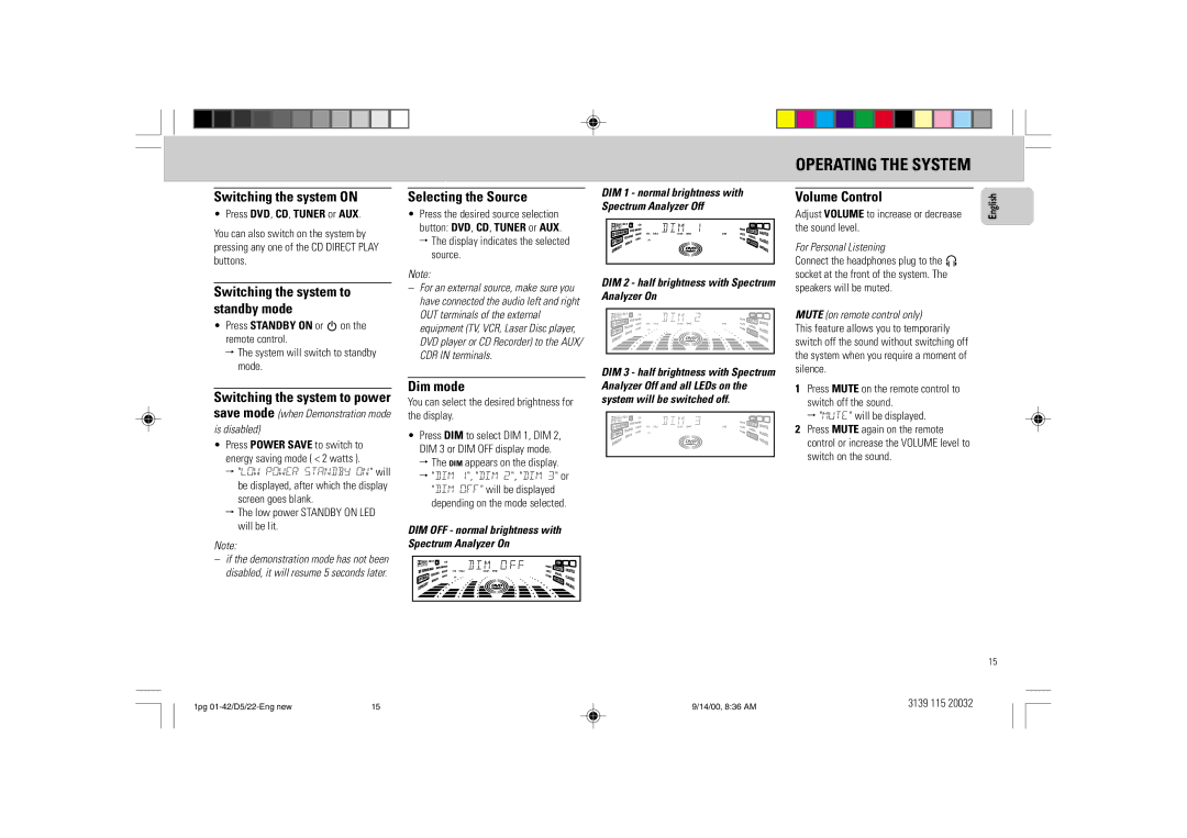 Philips D5 Switching the system on, Switching the system to standby mode, Selecting the Source, Dim mode, Volume Control 