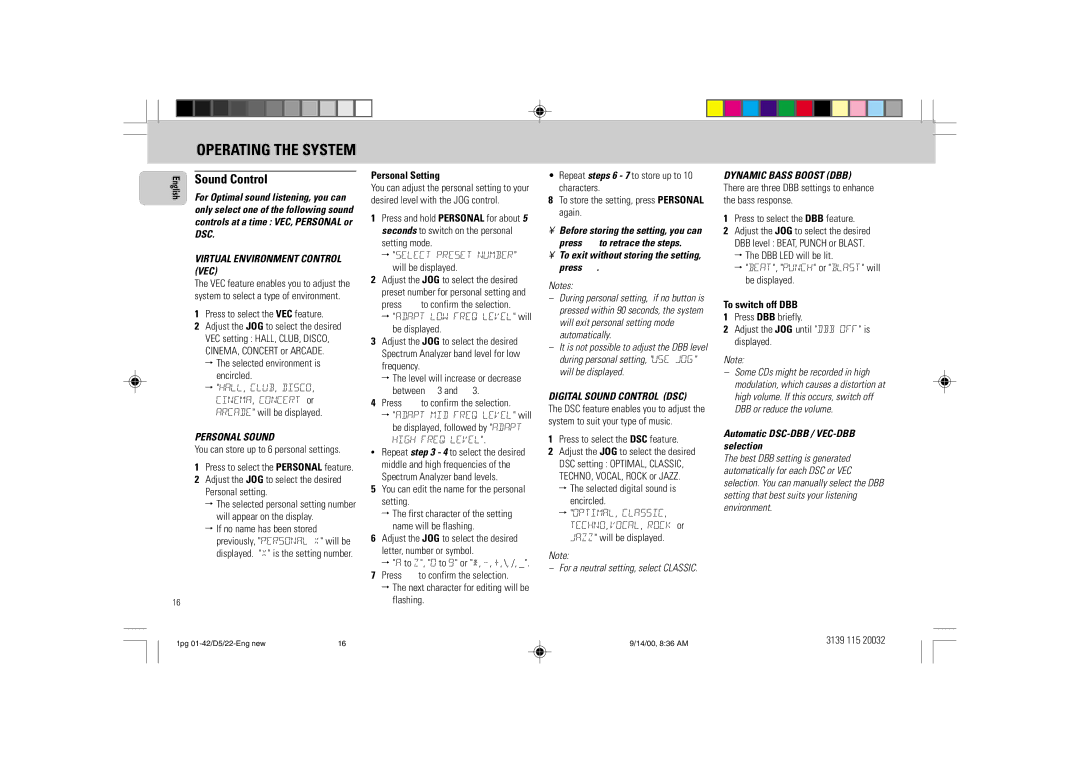 Philips D5 manual Personal Setting, To exit without storing the setting, press Ç, To switch off DBB 