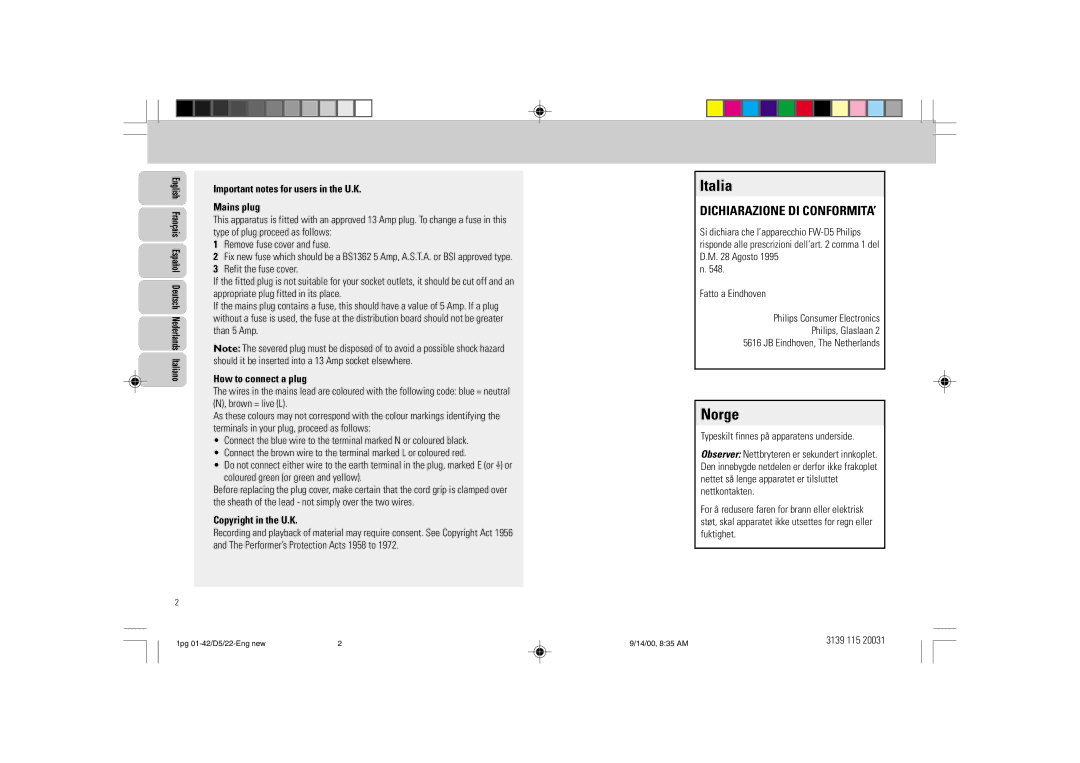 Philips D5 manual Important notes for users in the U.K, Mains plug, How to connect a plug, Copyright in the U.K 