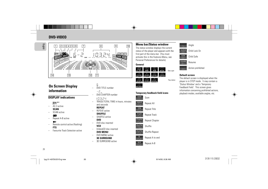 Philips D5 manual Menu bar/Status window, On Screen Display information Display indications 