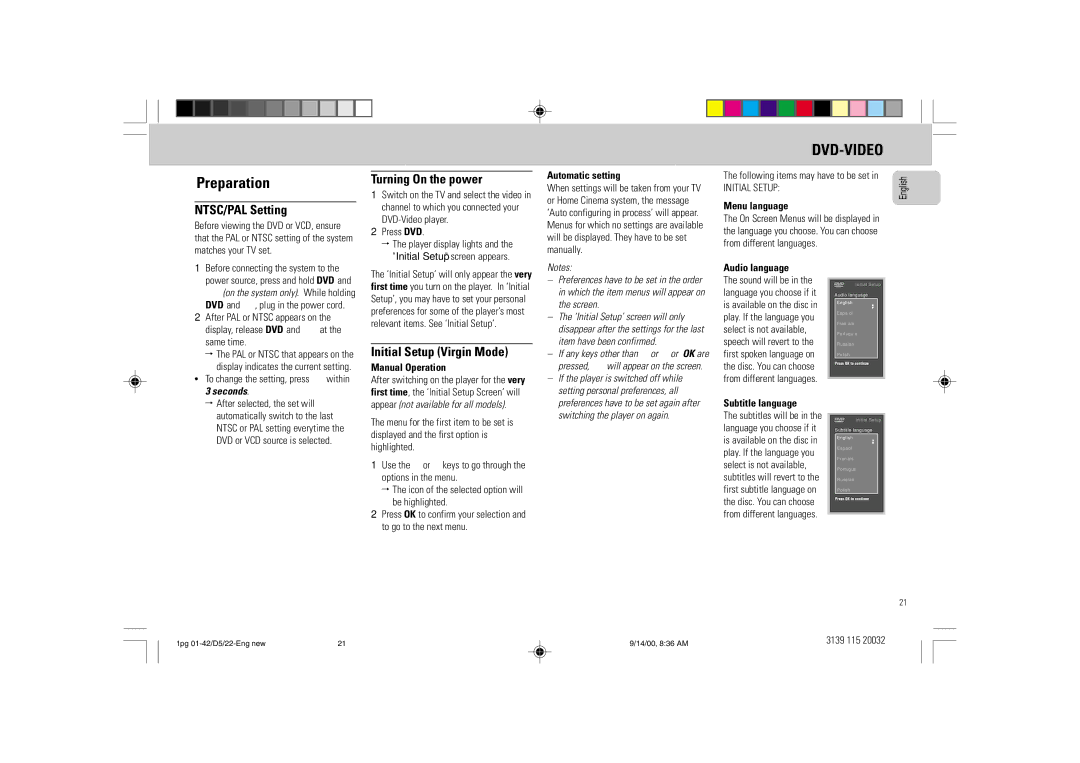 Philips D5 manual NTSC/PAL Setting, Turning On the power, Initial Setup Virgin Mode 