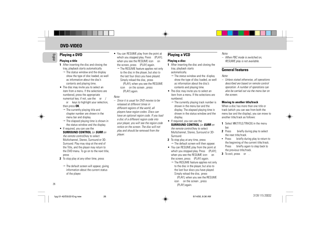 Philips D5 manual Playing a DVD, Playing a VCD, General features, Playing a title, Playing a disc 