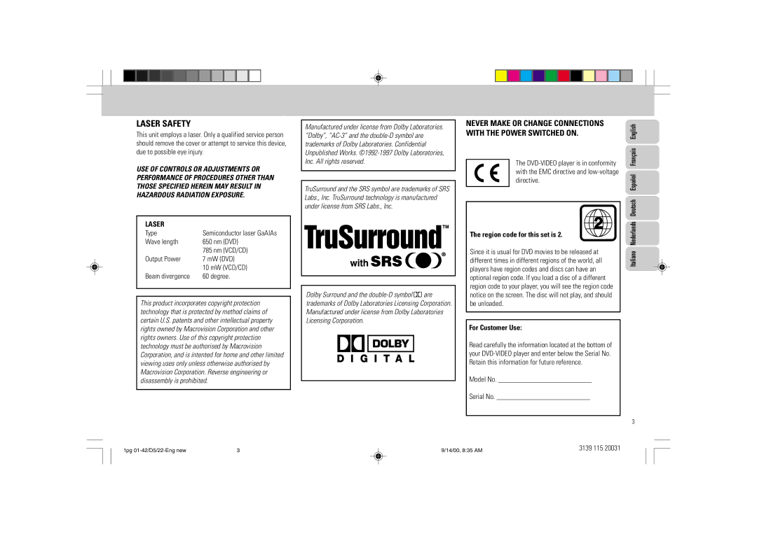 Philips D5 Laser, Region code for this set is, For Customer Use, Italiano Nederlands Deutsch Español Français English 
