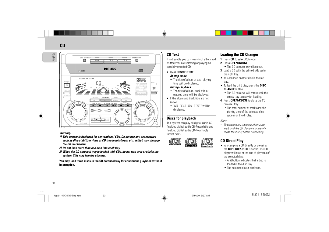 Philips D5 manual CD Text, Loading the CD Changer, Discs for playback, CD Direct Play 