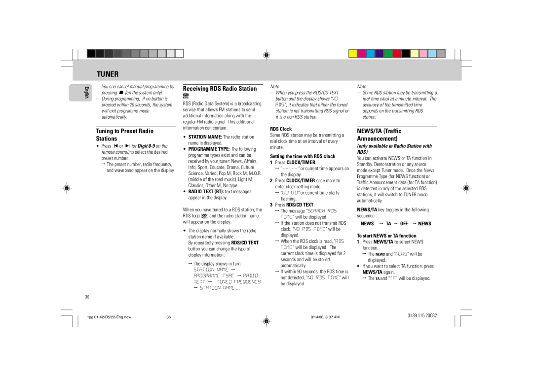 Philips D5 Tuning to Preset Radio Stations, Receiving RDS Radio Station, NEWS/TA Traffic Announcement, News TA OFF News 