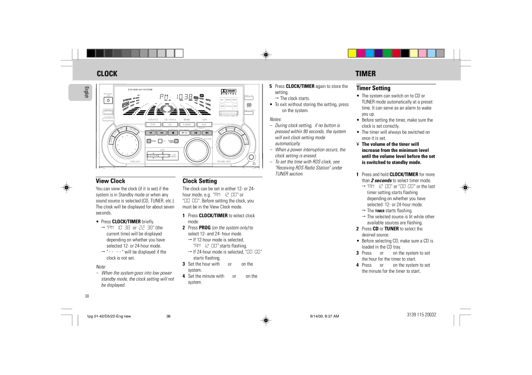 Philips D5 manual Timer Setting, View Clock, Clock Setting, Press CLOCK/TIMER to select clock mode 