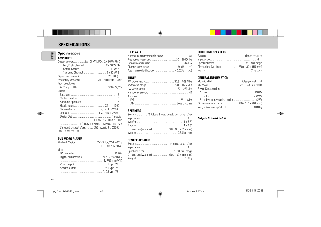 Philips D5 manual Specifications, Subject to modification 