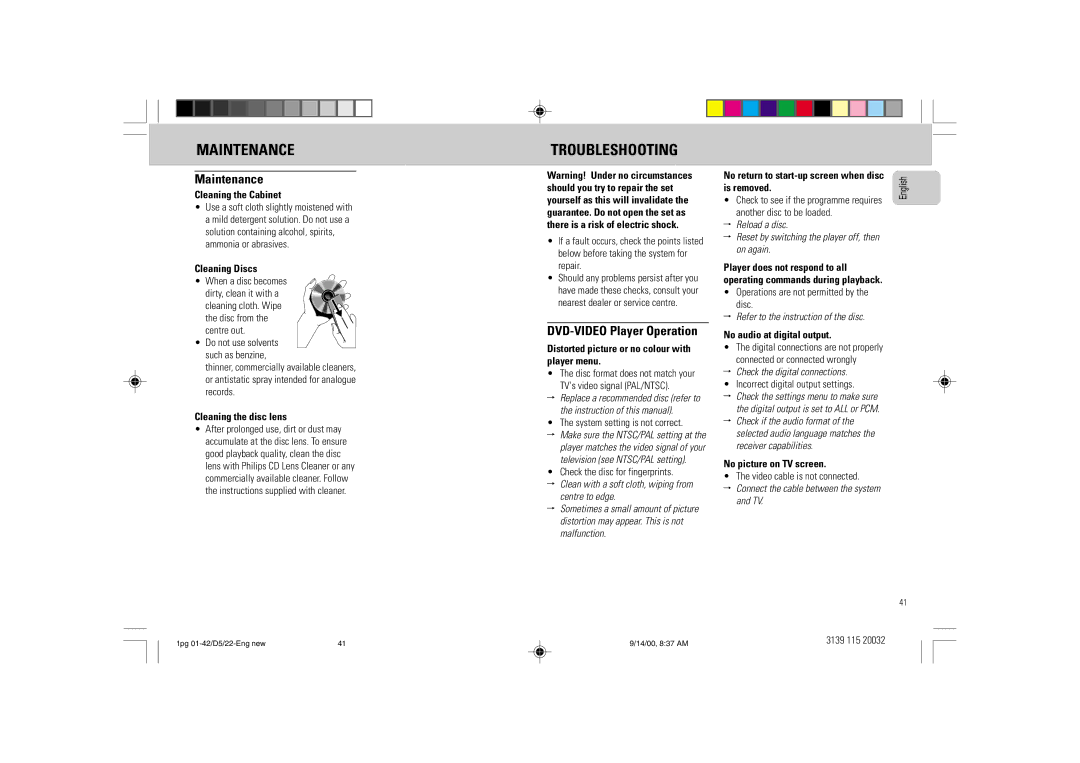 Philips D5 manual Maintenance, Troubleshooting, DVD-VIDEO Player Operation 