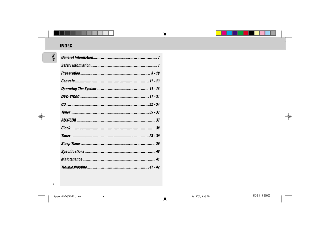 Philips D5 manual Index, English, Operating The System 