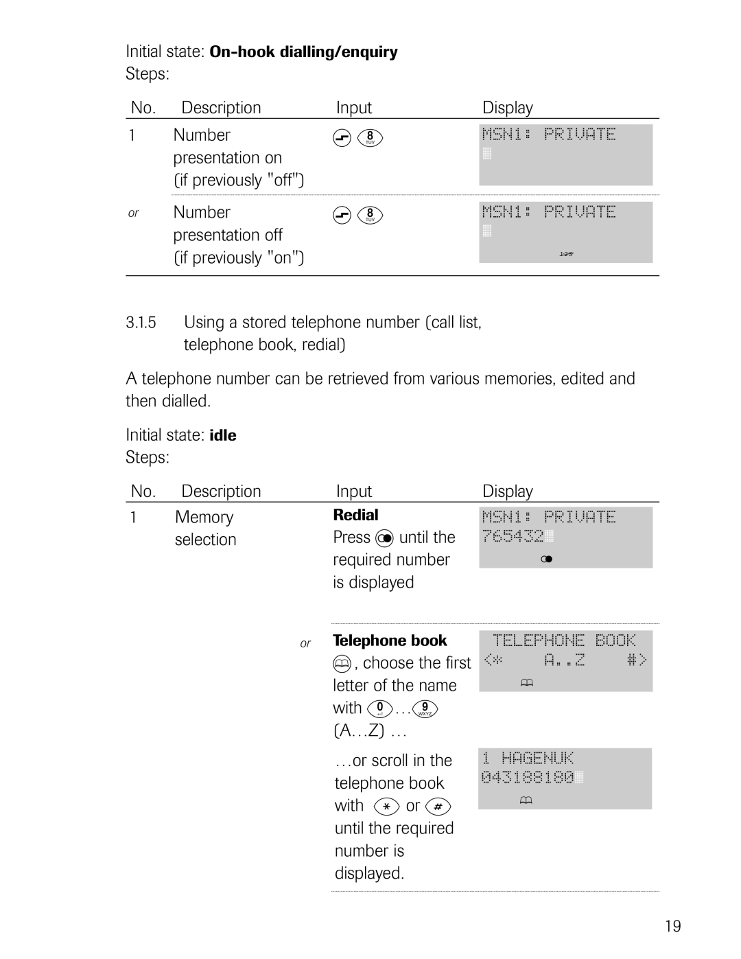 Philips D721 Steps Description Input Display Number, Presentation on, If previously off, Presentation off, Required number 