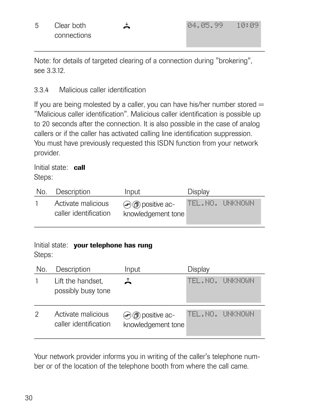 Philips D711 Caller identification, Steps Description Input Display Lift the handset, Activate malicious Sfpositive ac 