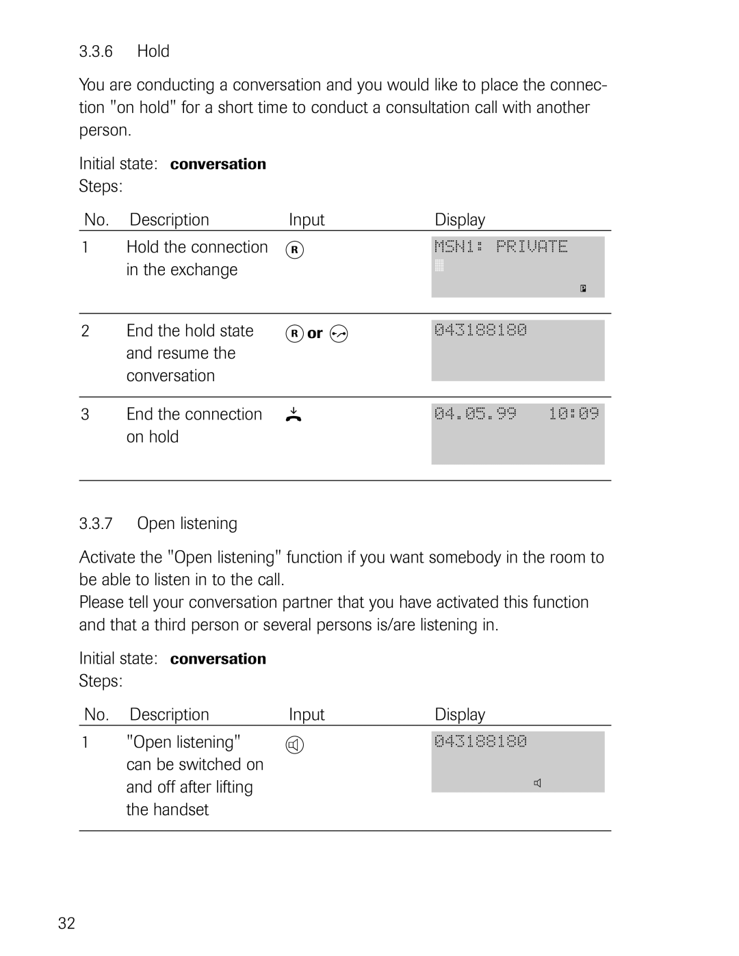 Philips D711, D721 manual Exchange, End the hold state, Resume, Conversation, On hold, Off after lifting, Handset 