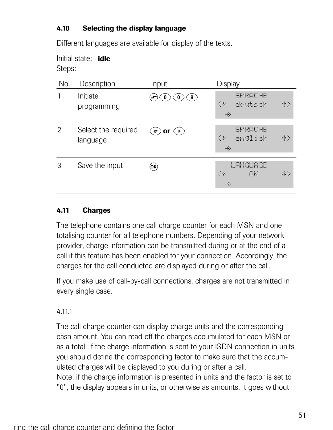 Philips D721, D711 manual S008, Select the required, Language, Ring the call charge counter and defining the factor 