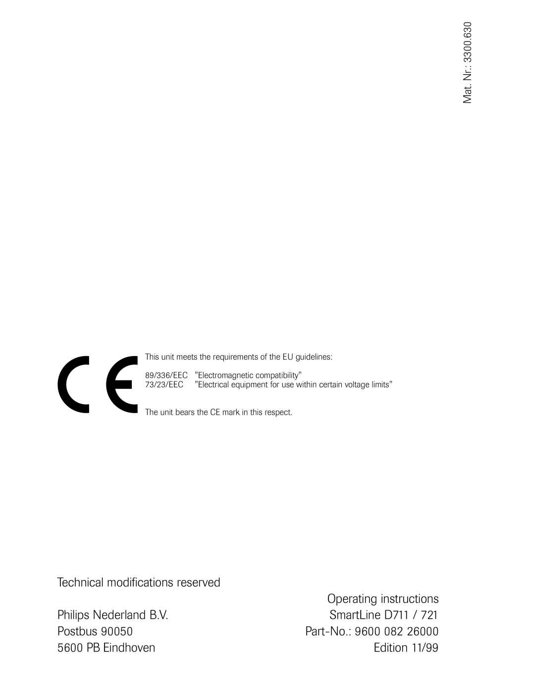 Philips D711, D721 manual Postbus, PB Eindhoven Edition 11/99 