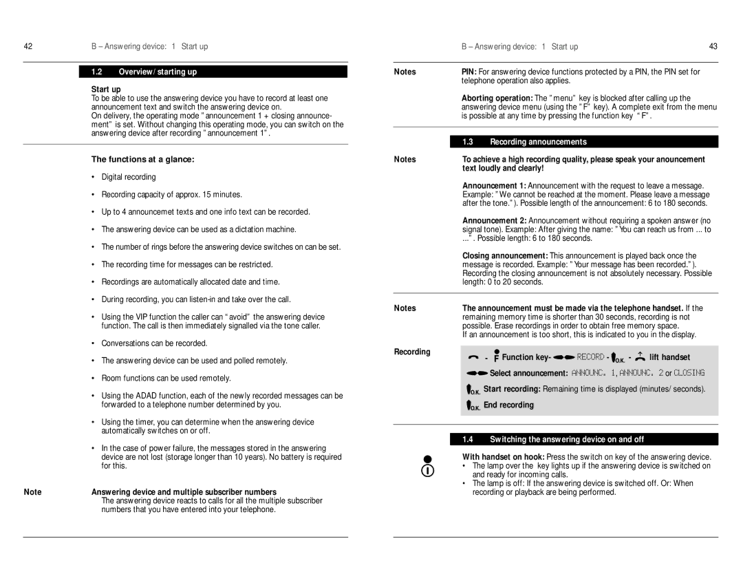 Philips D750 manual Overview/starting up, Recording announcements, Switching the answering device on and off 