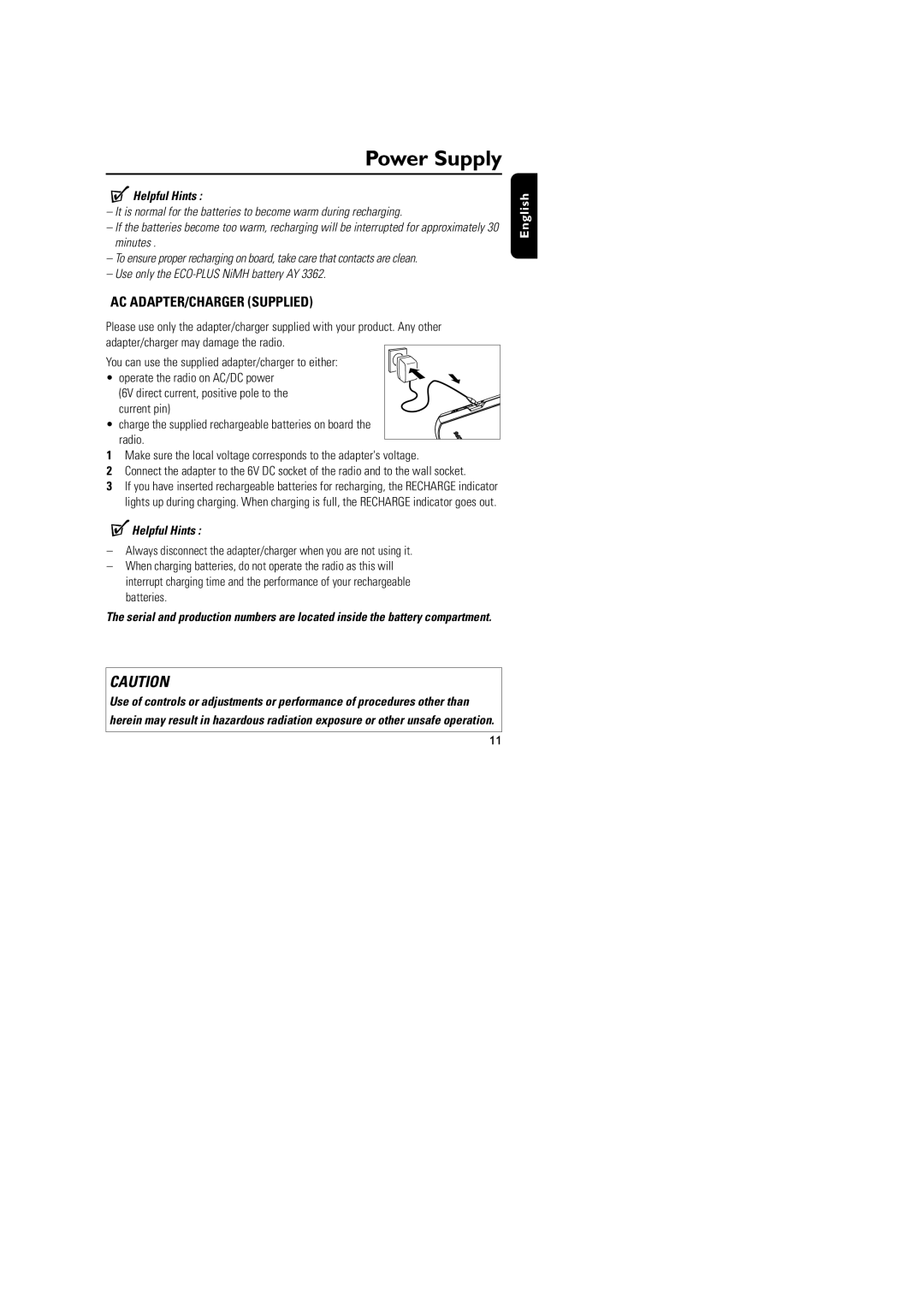 Philips DA1000 user manual AC ADAPTER/CHARGER Supplied 