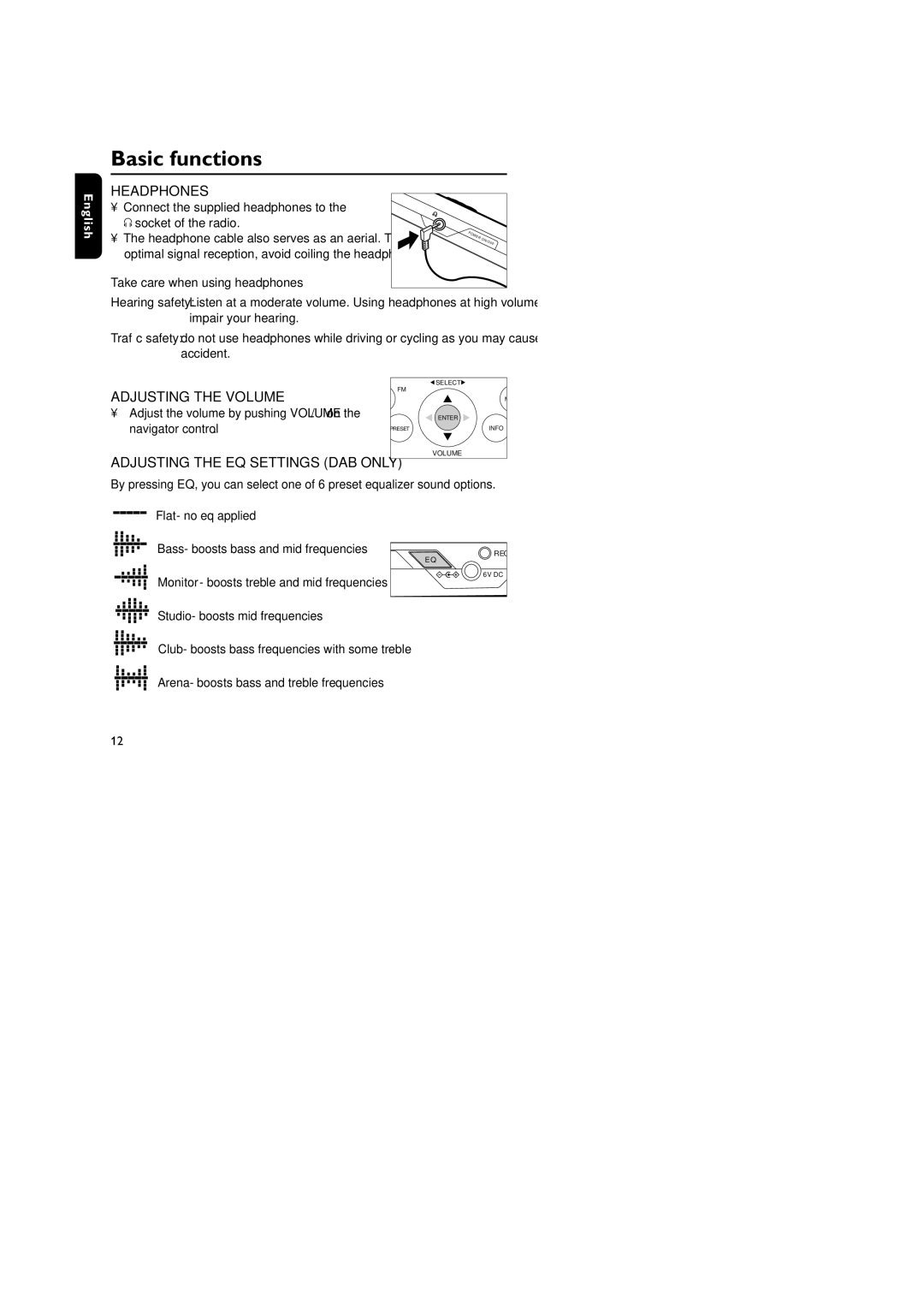 Philips DA1000 user manual Basic functions, Headphones, Adjusting the Volume, Adjusting the EQ Settings DAB only 