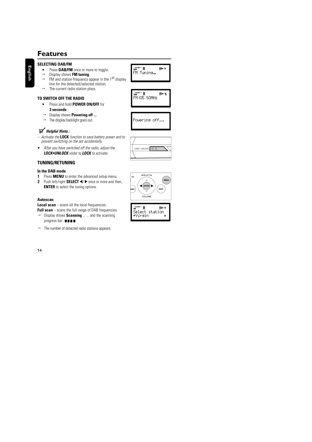 Philips DA1000 user manual Tuning/Retuning, Display shows Powering off, DAB mode, Autoscan 