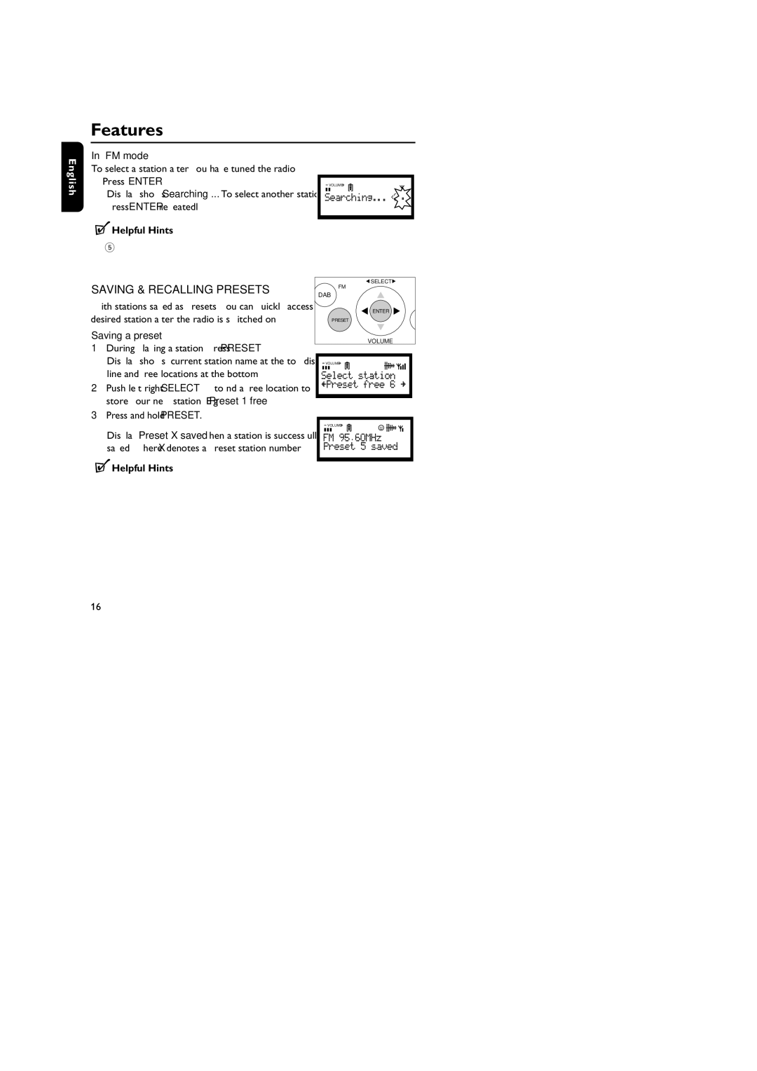 Philips DA1000 user manual Saving & Recalling Presets, FM mode, Saving a preset, During playing a station, press Preset 