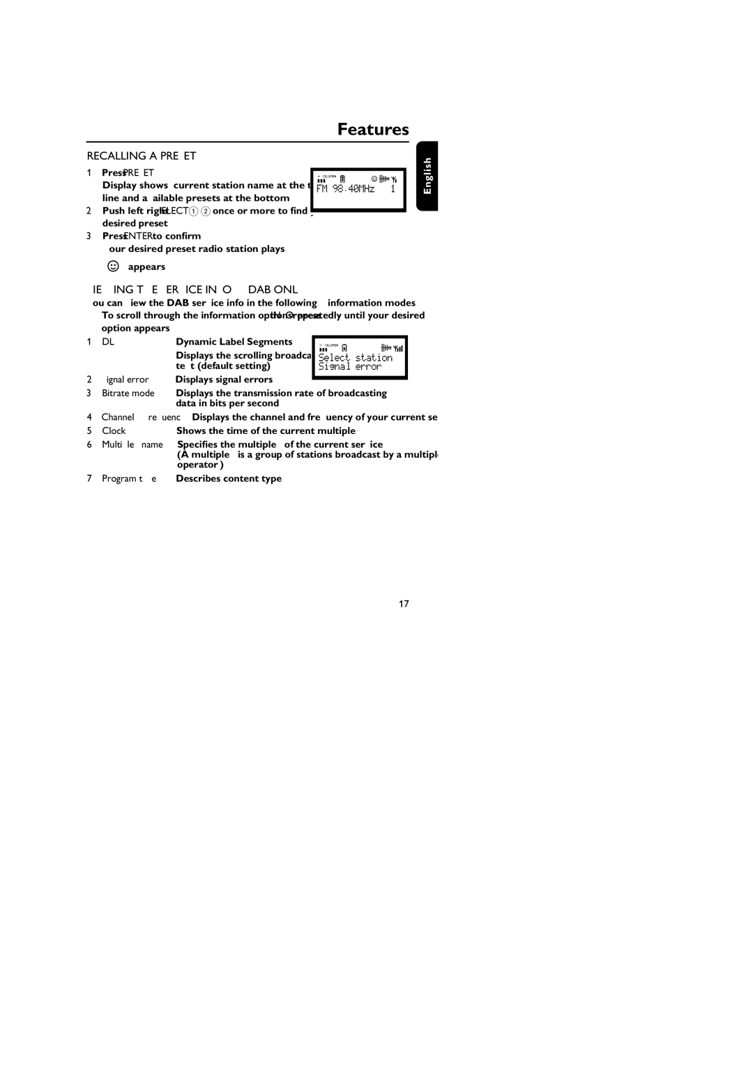 Philips DA1000 user manual Recalling a Preset, Viewing the Service Info DAB only, Signal error Bitrate mode, Clock 