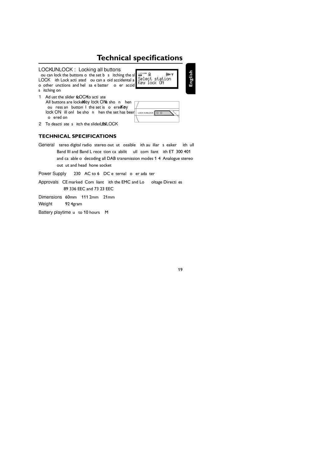 Philips DA1000 user manual Technical speciﬁcations, Technical Specifications, Adjust the slider to Lock to activate 