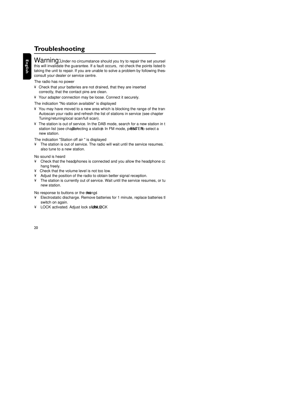 Philips DA1000 user manual Troubleshooting 