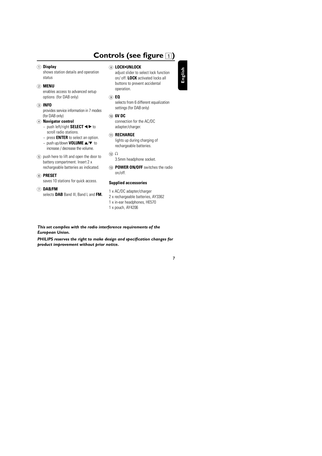 Philips DA1000 user manual Controls see ﬁgure, Display, Navigator control, 6V DC 