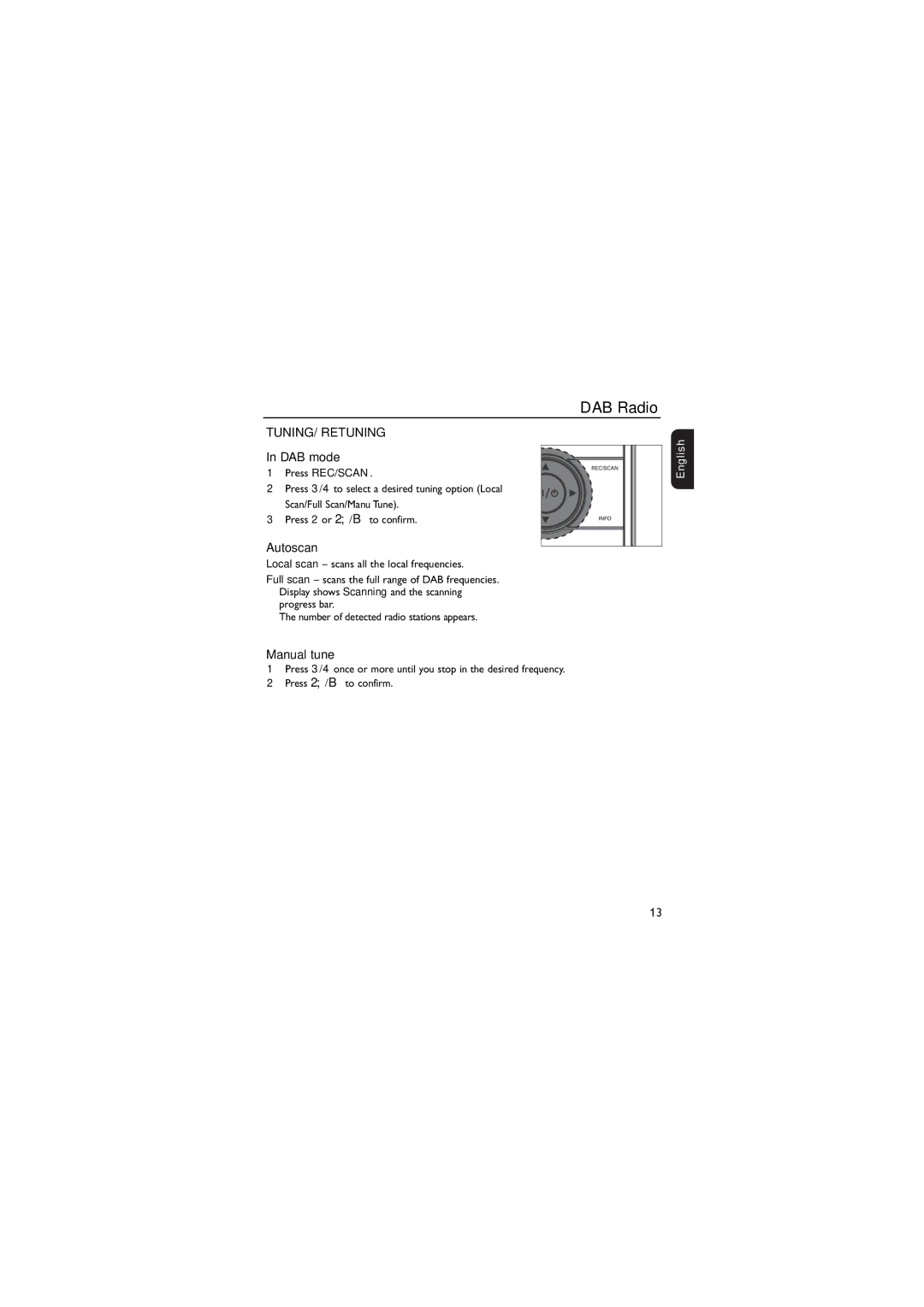 Philips DA1102 user manual TUNING/ Retuning, DAB mode, Autoscan, Manual tune, Press REC/SCAN 