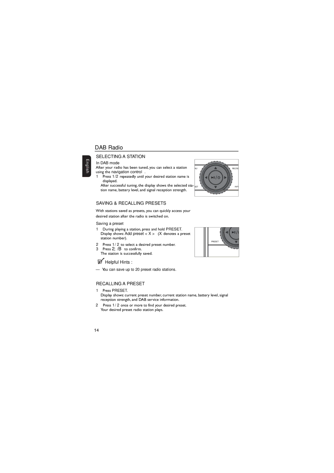 Philips DA1102 user manual Selecting a Station, Saving & Recalling Presets, Recalling a Preset, DAB mode, Saving a preset 