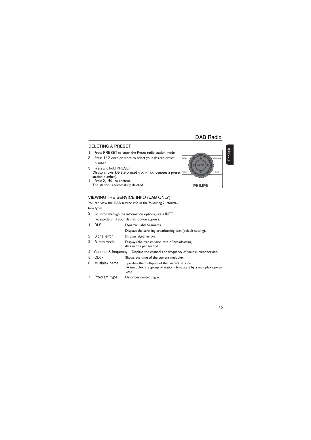 Philips DA1102 user manual Deleting a Preset, Viewing the Service Info DAB only 