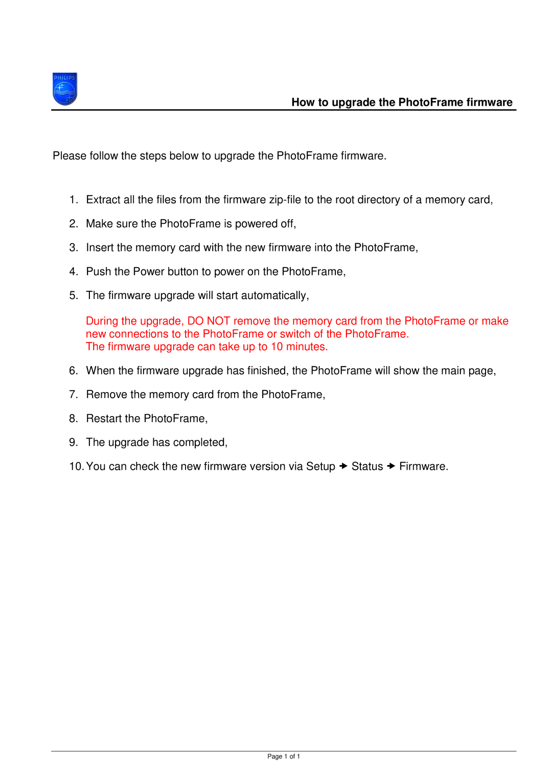 Philips DBI-1 manual How to upgrade the PhotoFrame firmware 