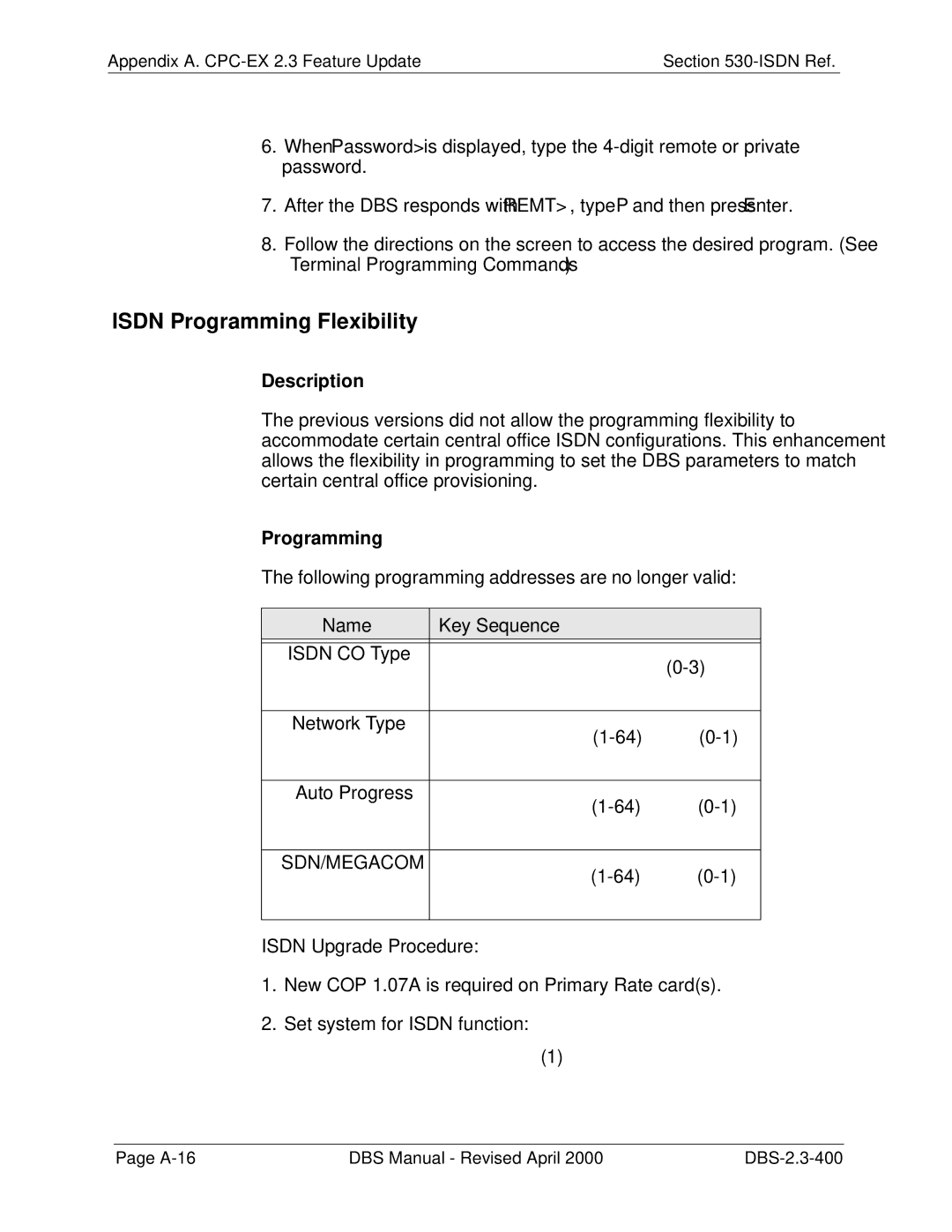 Philips DBS-EX23-530 manual Isdn Programming Flexibility, Name Key Sequence, Isdn Upgrade Procedure 