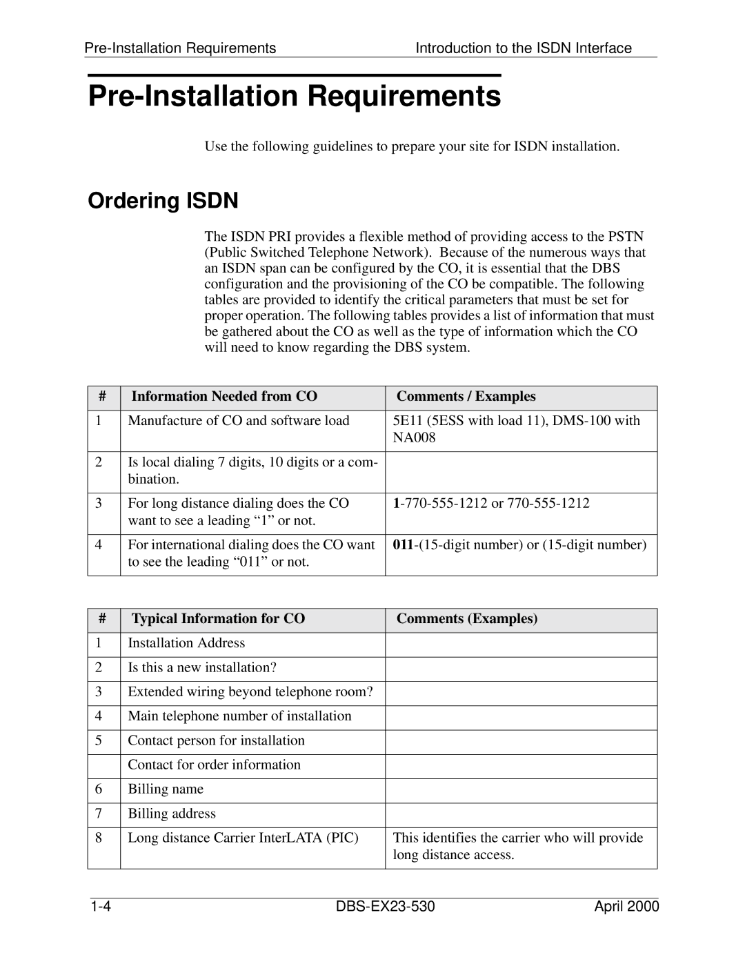 Philips DBS-EX23-530 manual Pre-Installation Requirements, Ordering Isdn, Information Needed from CO Comments / Examples 